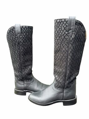 Alberta Boot Co. Black Leather Reptilian Embossed Knee-High Tall Roper Boots 7.5